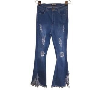 JC JQ Very Distressed High Waisted Bell Bottom Jeans, Hippie, Boho! Size Large.